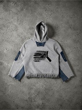 Handmade ABO Grey Fringe Graphic Pullover Hoodie